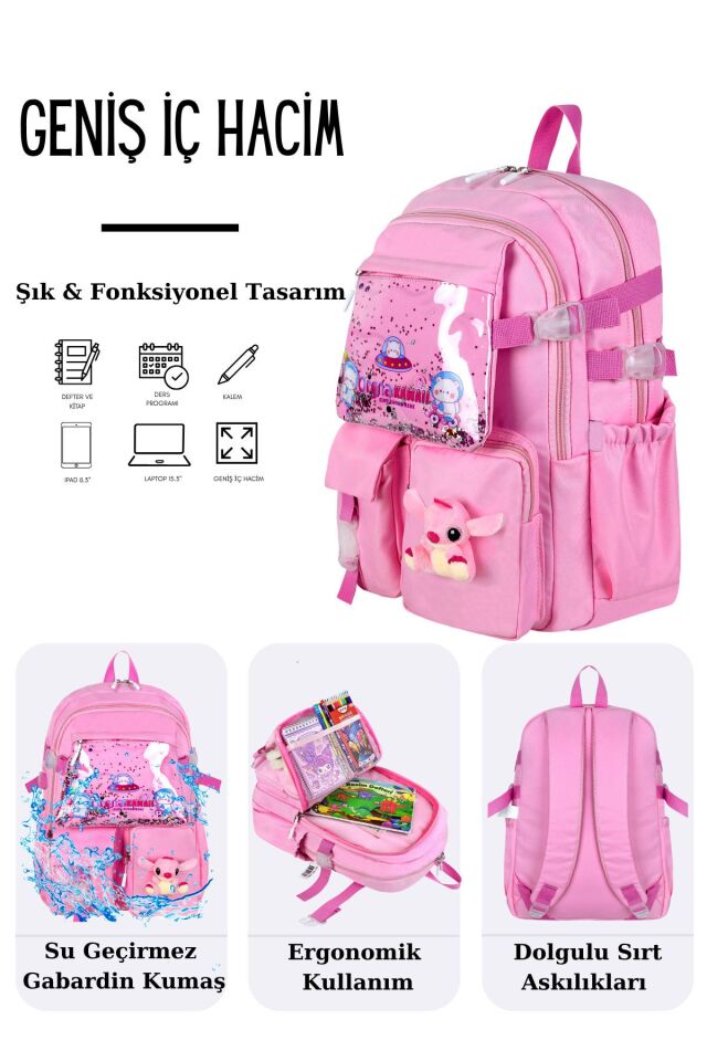 Stitch Kawaii Kore Tarzı Aksesuarlı Çok Bölmeli Çocuk Okul Çantası
