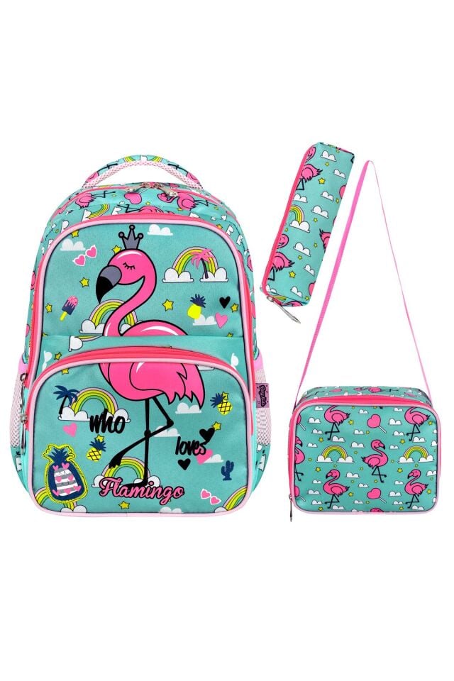 Lisanslı Flamingo 3'lü Set İlkokul Çantası, Termal Beslenme Çantası ve Kalem Kutusu Seti