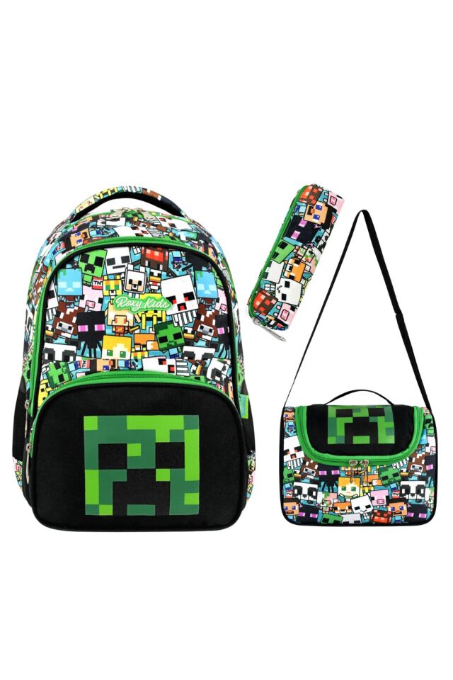 Mine Creeper 3'lü Set Ilkokul Çantası, Termal Beslenme Çantası Ve Kalem Kutusu Seti