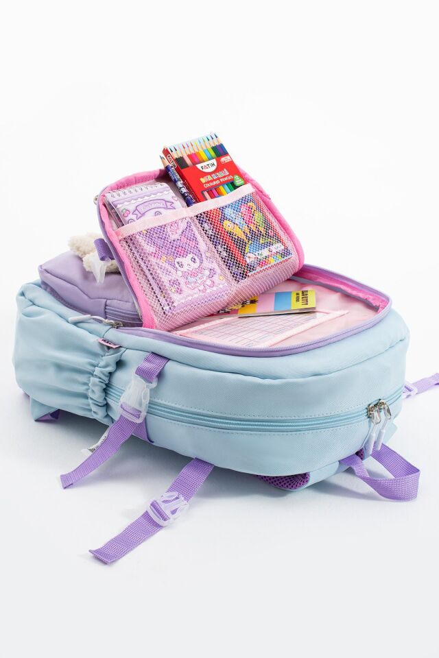 Kawaii Kore Tarzı Ayıcık Aksesuarlı Çok Bölmeli Kız Çocuk Okul Çantası