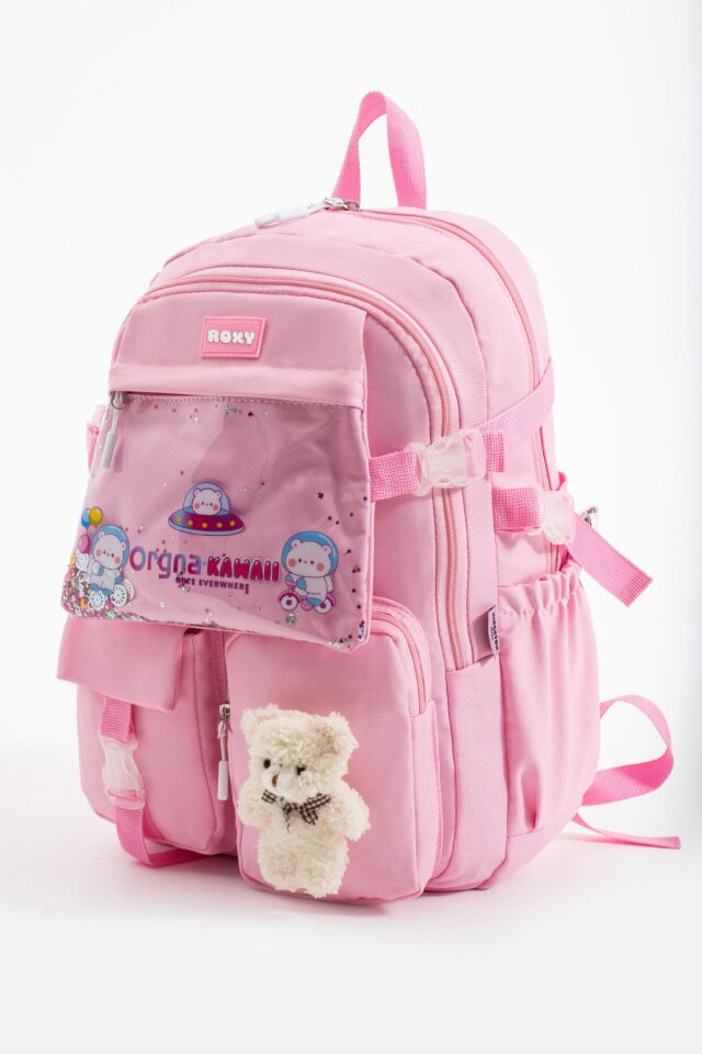 Pembe Kawaii Kore Tarzı Ayıcıklı Aksesuarlı Çok Bölmeli Çocuk Okul Çantası
