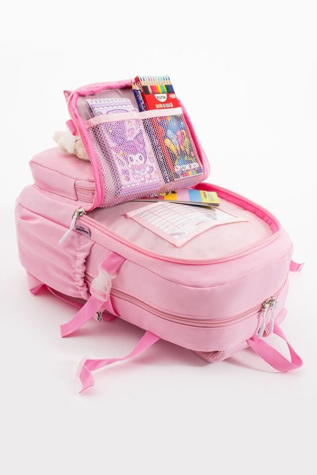 Pembe Kawaii Kore Tarzı Ayıcıklı Aksesuarlı Çok Bölmeli Çocuk Okul Çantası