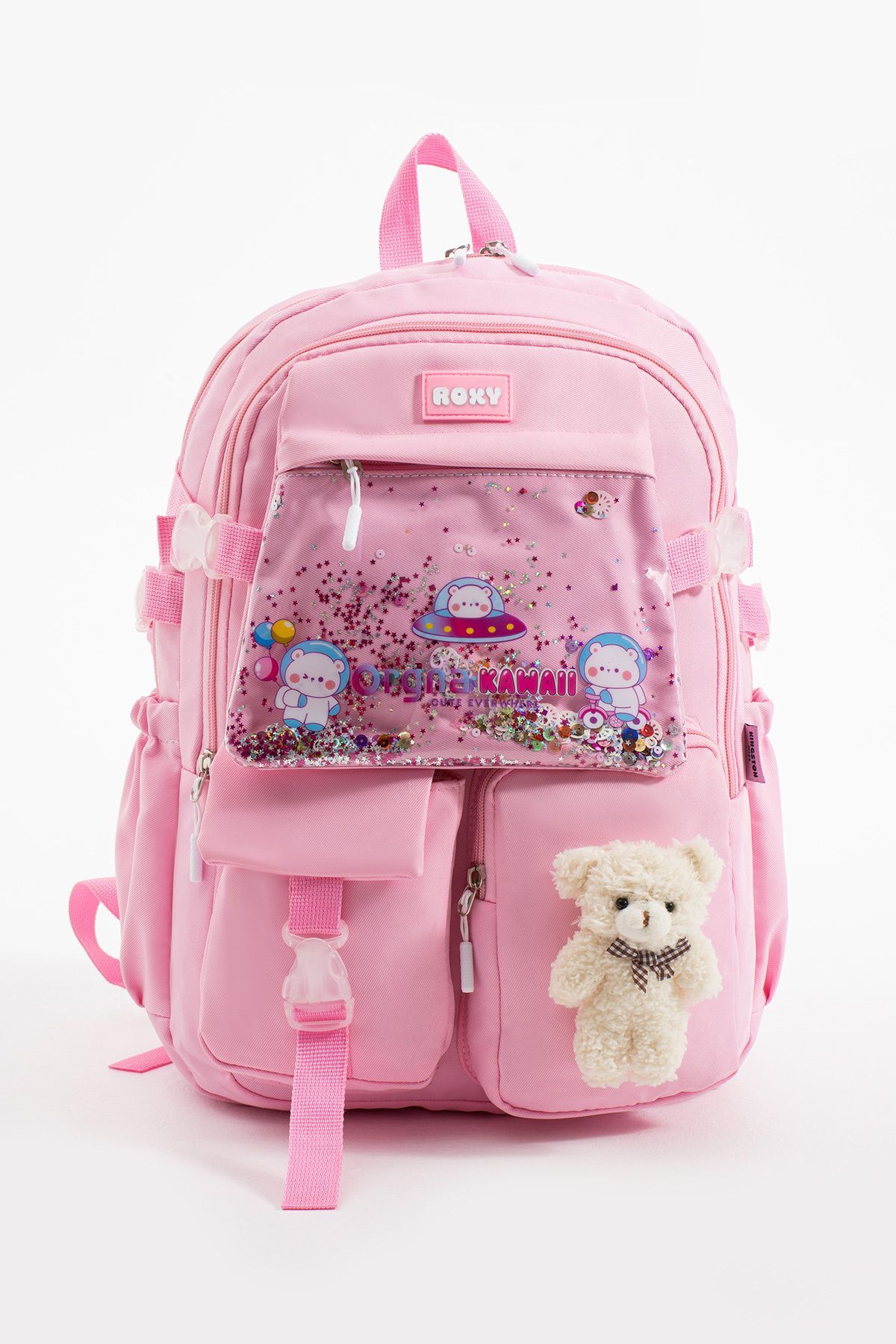 Pembe Kawaii Kore Tarzı Ayıcıklı Aksesuarlı Çok Bölmeli Çocuk Okul Çantası