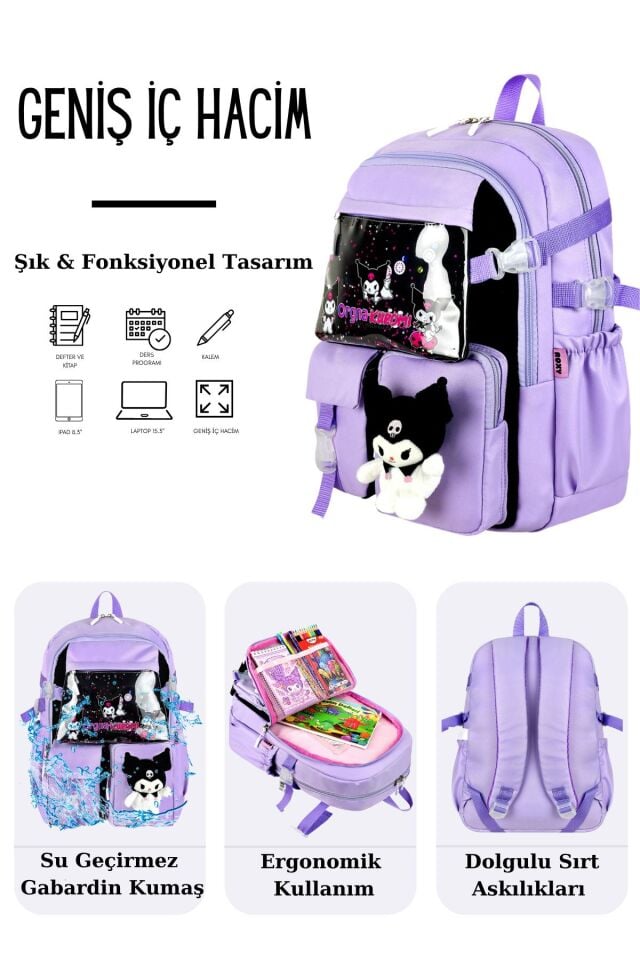 Kuromi Kawaii Kore Tarzı Aksesuarlı Çok Bölmeli Çocuk Okul Çantası