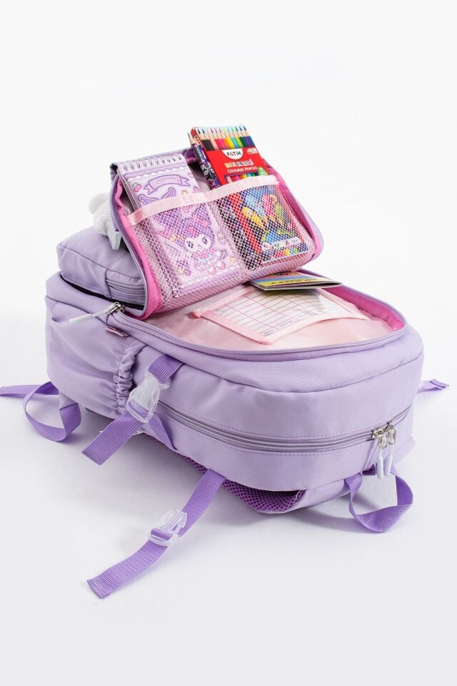 Kuromi Kawaii Kore Tarzı Aksesuarlı Çok Bölmeli Çocuk Okul Çantası