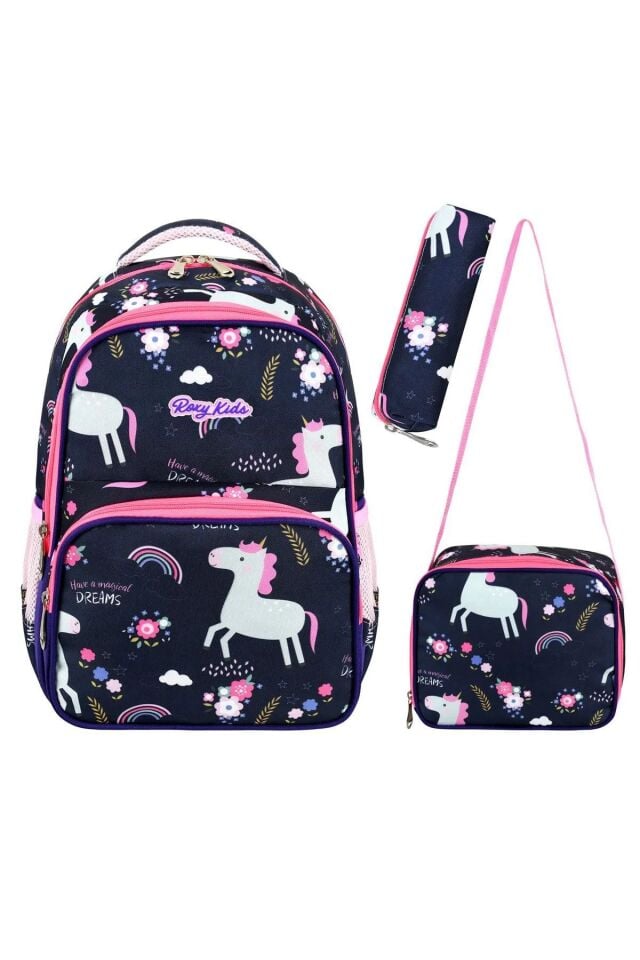 Lisanslı Unicorn 3'lü Set İlkokul Çantası, Termal Beslenme Çantası ve Kalem Kutusu Seti