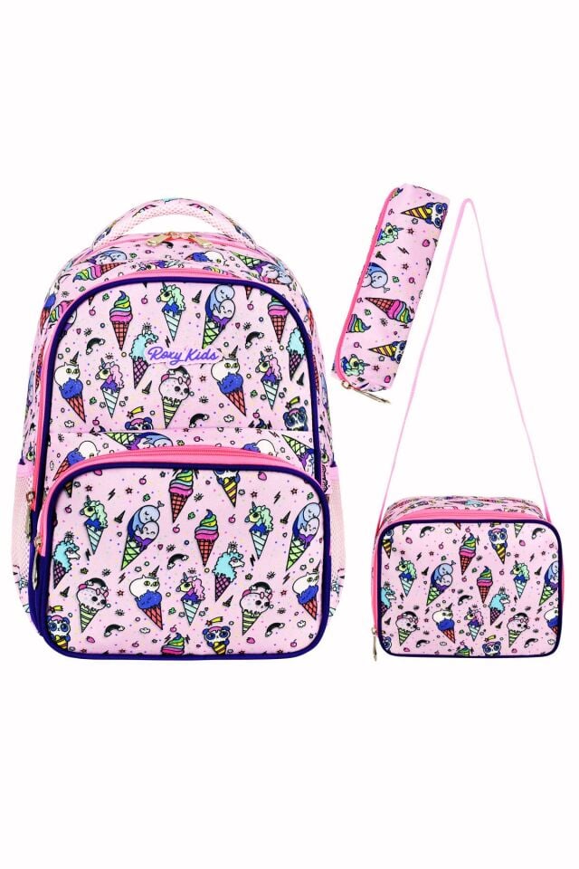 Lisanslı Dondurma 3'lü Set İlkokul Çantası, Termal Beslenme Çantası ve Kalem Kutusu Seti
