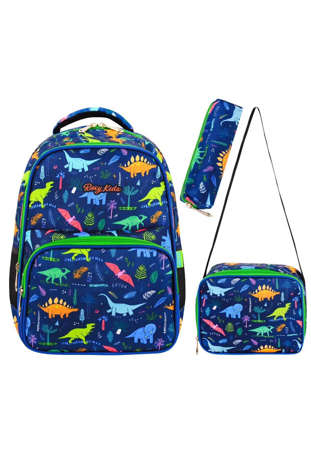Lisanslı Dinozor Desenli 3'lü Set Ilkokul Çantası, Termal Beslenme Çantası Ve Kalem Kutusu Seti