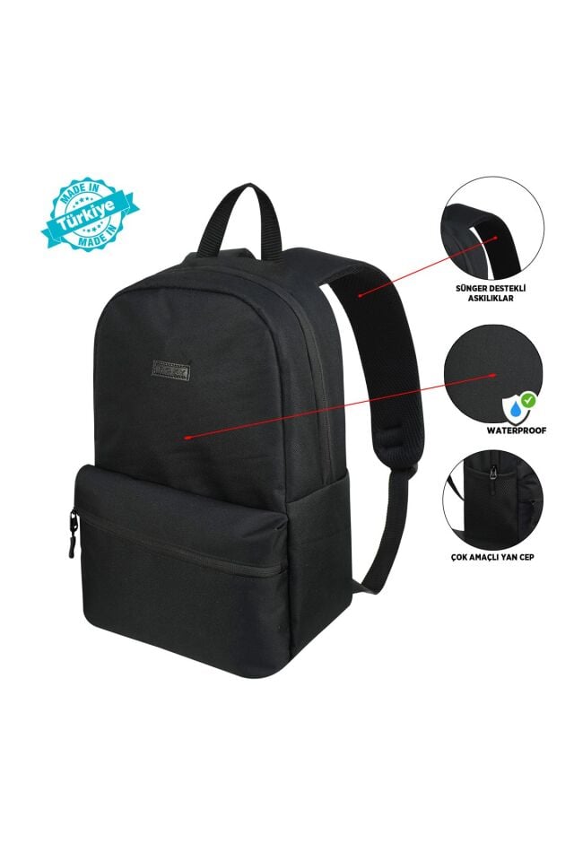 Siyah Günlük ve Okul Kullanımına Uygun Siyah Su Geçirmez Sünger Destekli Sırt Çantası
