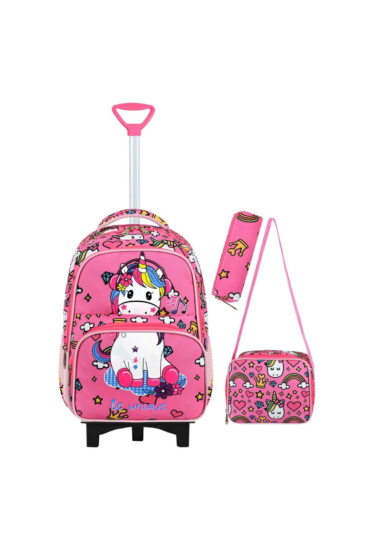 Unicorn Baskılı Portatif Çekçek 3'lü Set İlkokul Çantası, Termal Beslenme Ve Kalem Kutusu Seti