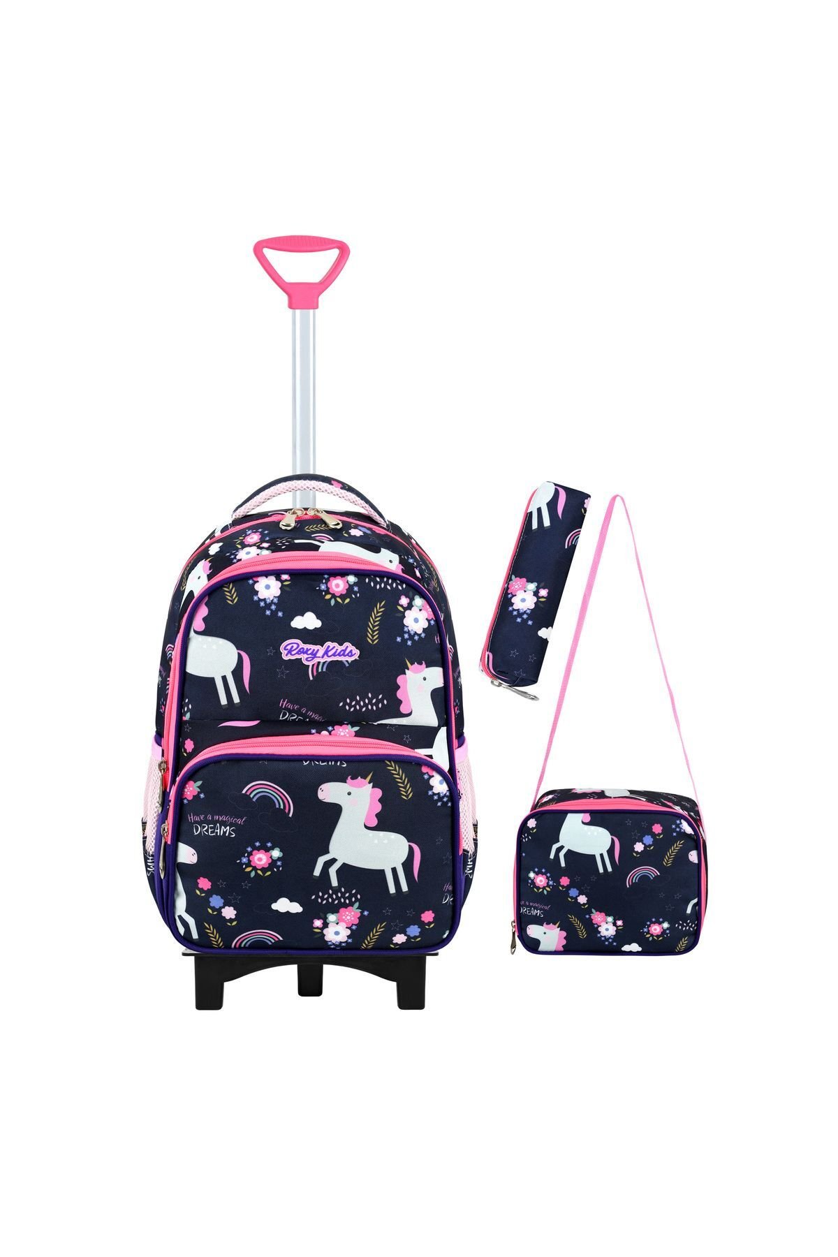 Unicorn Baskılı Portatif Çekçek 3'lü Set İlkokul Çantası, Termal Beslenme Ve Kalem Kutusu Seti