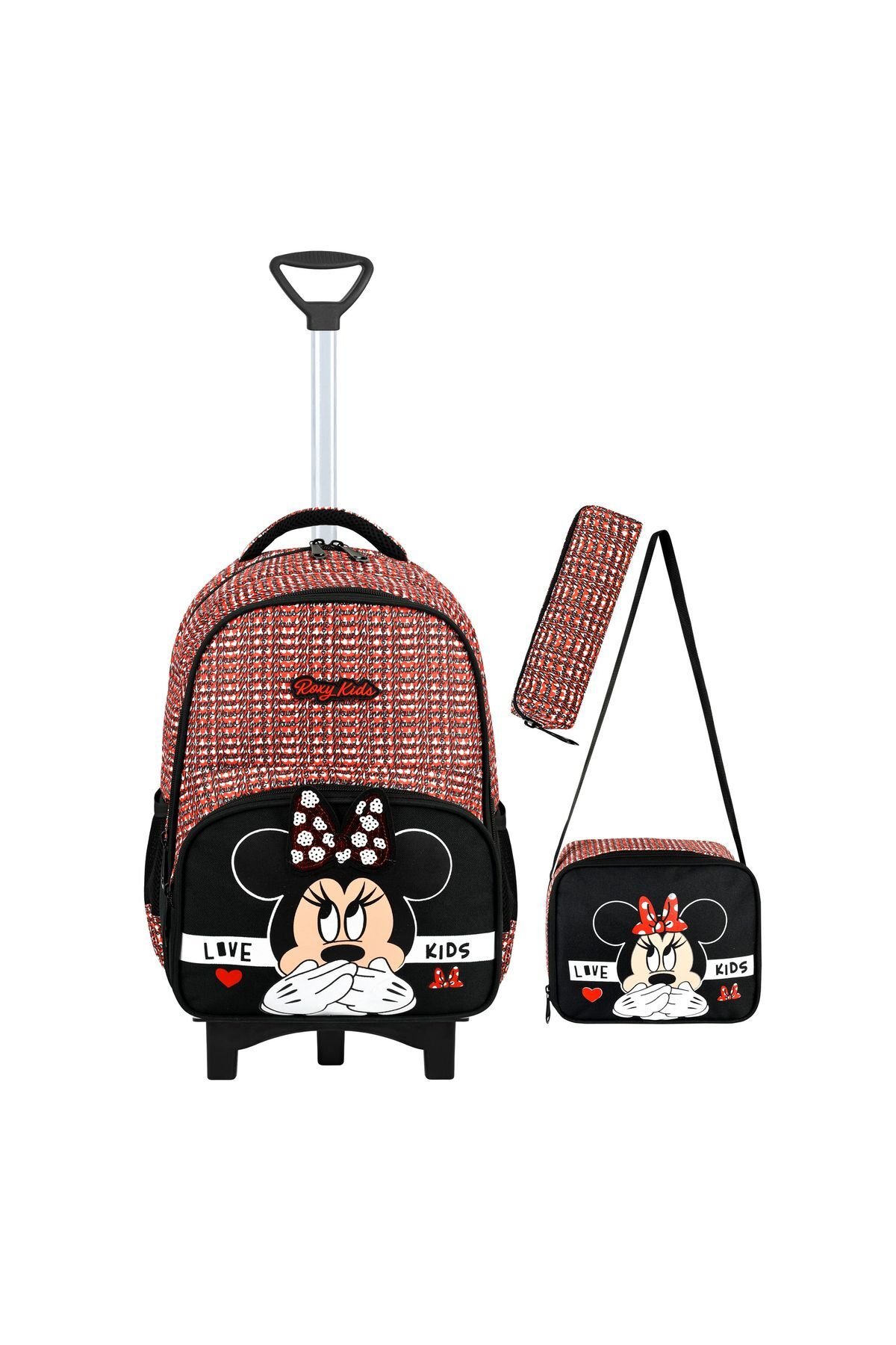 Minnie Mouse Portatif Çekçek 3'lü Set İlkokul Çantası, Termal Beslenme Ve Kalem Kutusu Seti