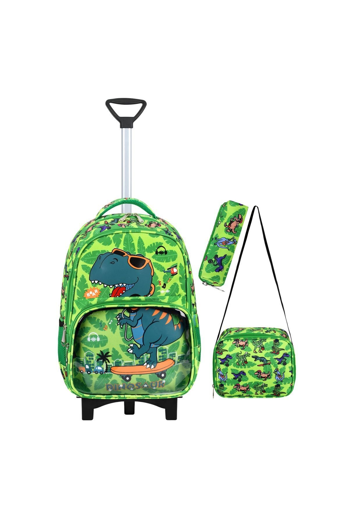 Dinozor Portatif Çekçek 3'lü Set İlkokul Çantası, Termal Beslenme Ve Kalem Kutusu Seti