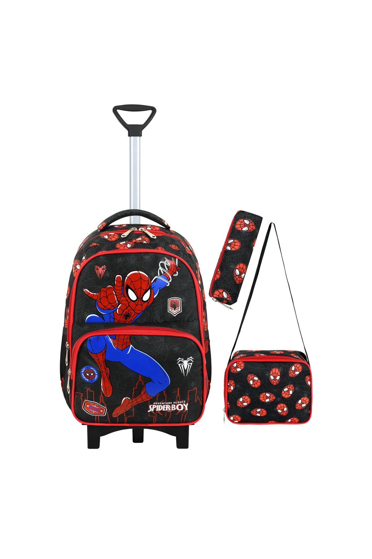 Örümcek Baskılı Portatif Çekçek 3'lü Set İlkokul Çantası, Termal Beslenme Ve Kalem Kutusu Seti