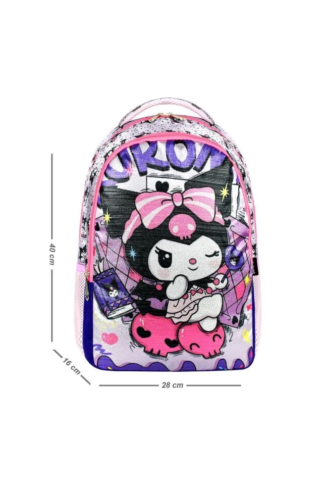 Simli Kuromi Mor İlkokul ve Beslenme Çantası Seti