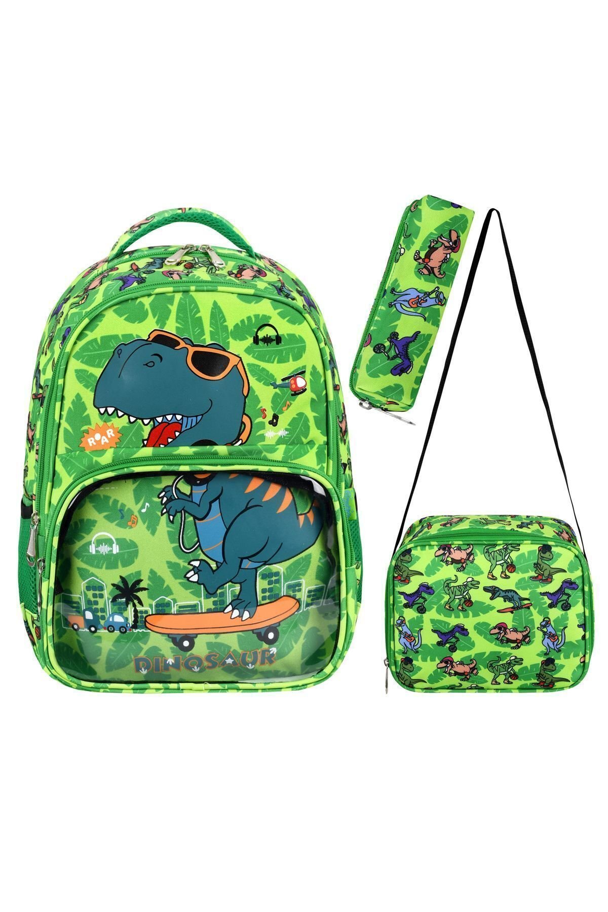 Lisanslı Dinazor Desenli İlkokul Çantası,Beslenme Çantası ve Kalem Kutusu Seti