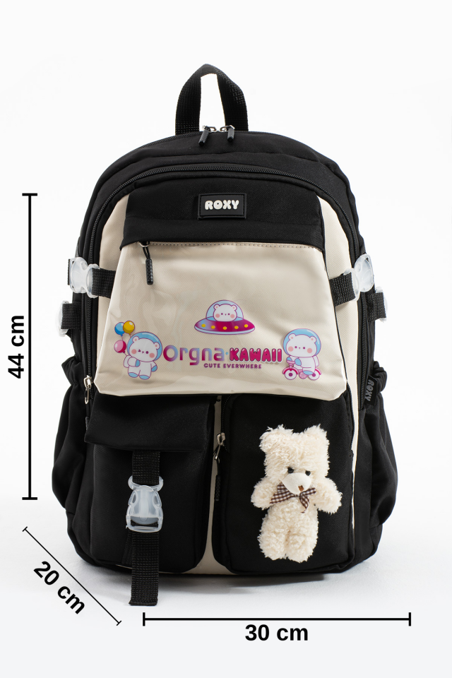 Siyah Kawaii Kore Tarzı Ayıcıklı Hafif Çok Bölmeli Çocuk Okul Sırt Çantası