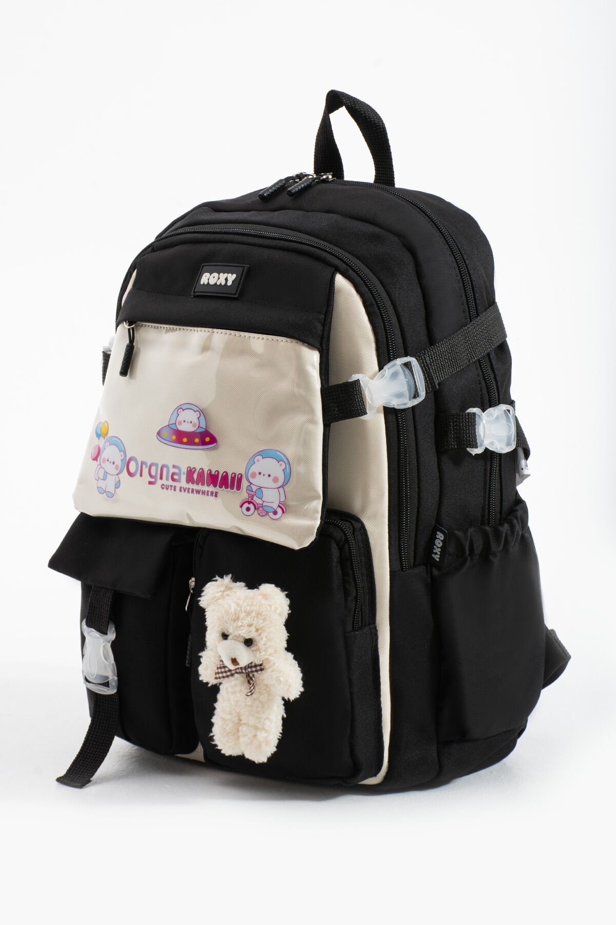 Siyah Kawaii Kore Tarzı Ayıcıklı Hafif Çok Bölmeli Çocuk Okul Sırt Çantası